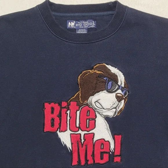Bite Me Big Dogs Navy Blue Embroidered Graphic Fleece Lined Sweatshirt S - Picture 3 of 8